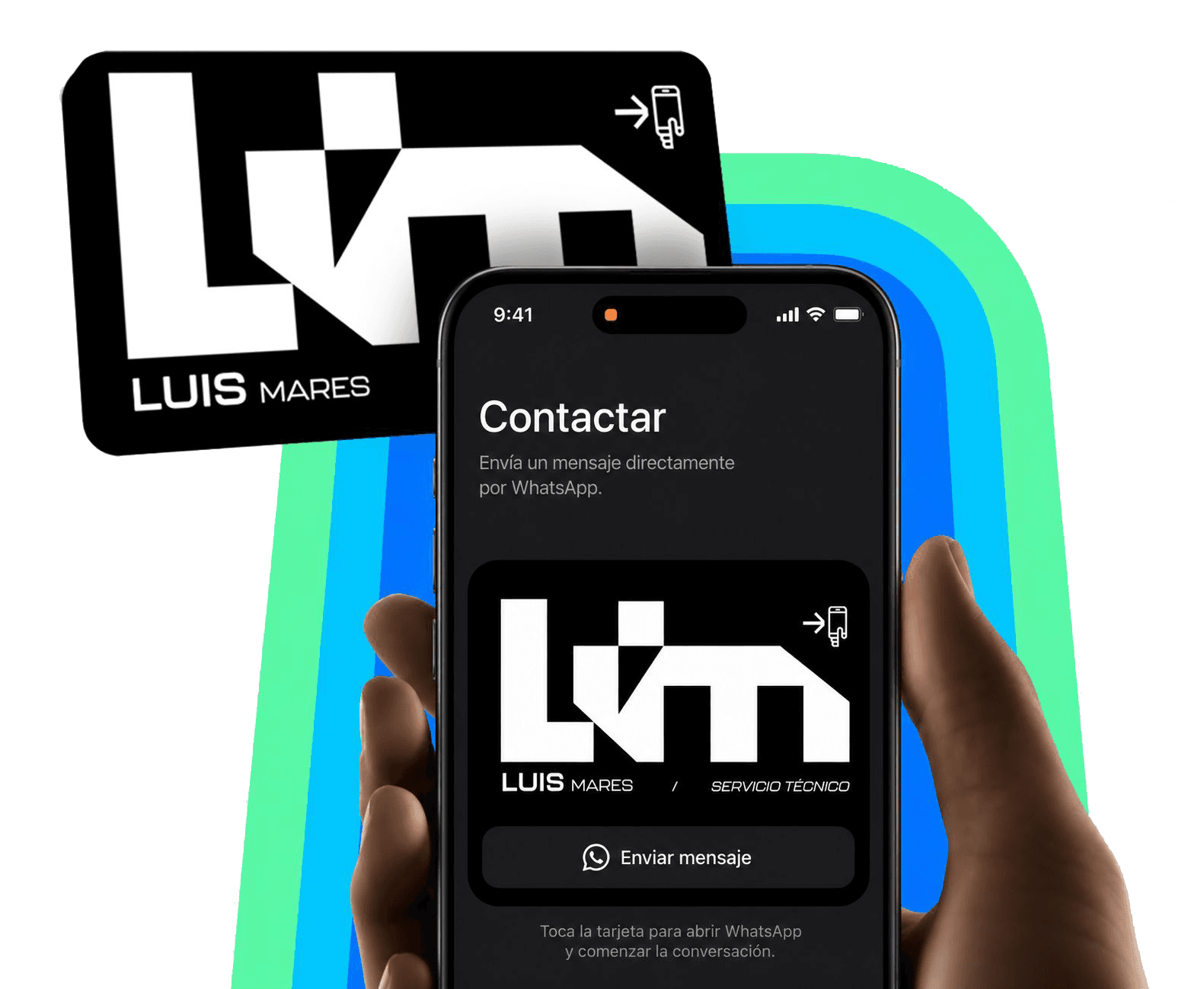 Tarjeta LM de Luis Mares acercándose a un teléfono para agendar